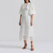 Women Dress Summer Round Neck Lantern Sleeve Hollow Out Cutout out Cinched Long Sleeve Dress Women-White-Fancey Boutique