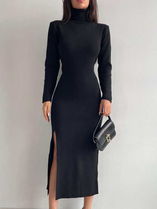 High Neck Split Knitted Dress Autumn Winter Long Sleeve Dress Sexy Sunken Stripe Skinny Sheath Sweater-Black-Fancey Boutique