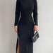 High Neck Split Knitted Dress Autumn Winter Long Sleeve Dress Sexy Sunken Stripe Skinny Sheath Sweater-Black-Fancey Boutique