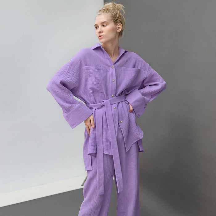 Color-Purple-Autumn Double Layer Crepe Pajamas Women Lace up Shirt Pajama Pants Two Piece Solid Color Loose Home Wear Can Be Worn outside-Fancey Boutique