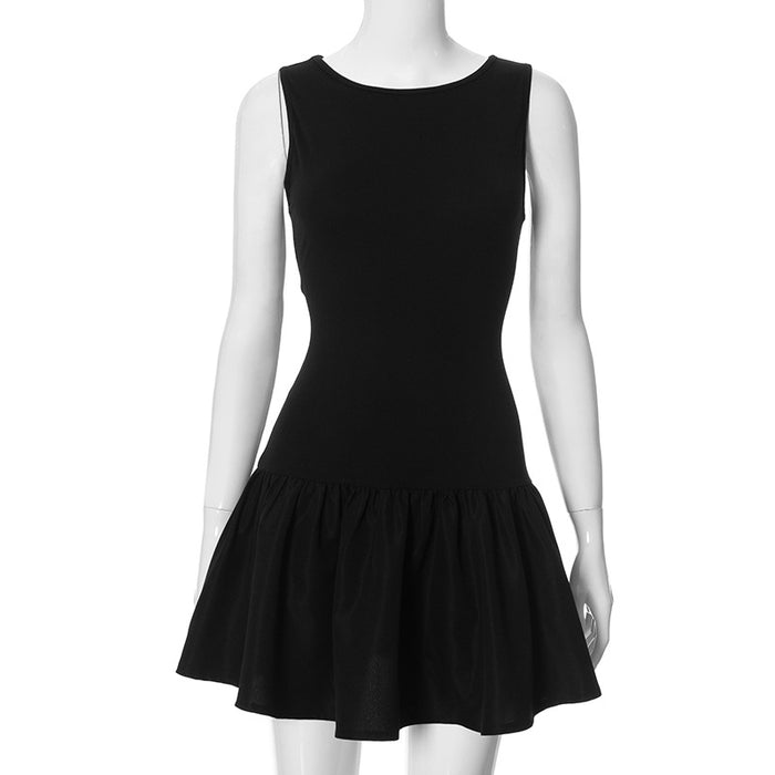 Women Clothing Summer Solid Color Sleeveless Stitching Dress-Black-Fancey Boutique