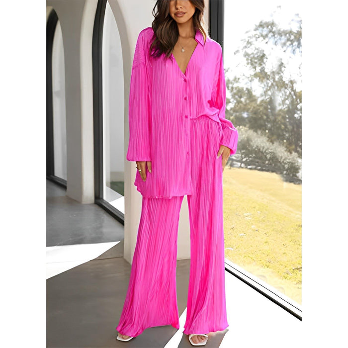 Color-Coral Red-Spring Summer Women Solid Color Pleated Single Breasted Top High Waist Wide Leg Bell Bottoms Homewear Suit-Fancey Boutique