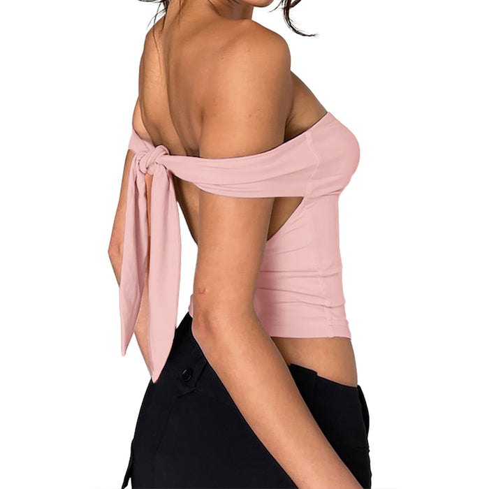 Women Clothing Sexy Solid Color Lace up Non-Slip Tube Top Backless Top-Pink-Fancey Boutique