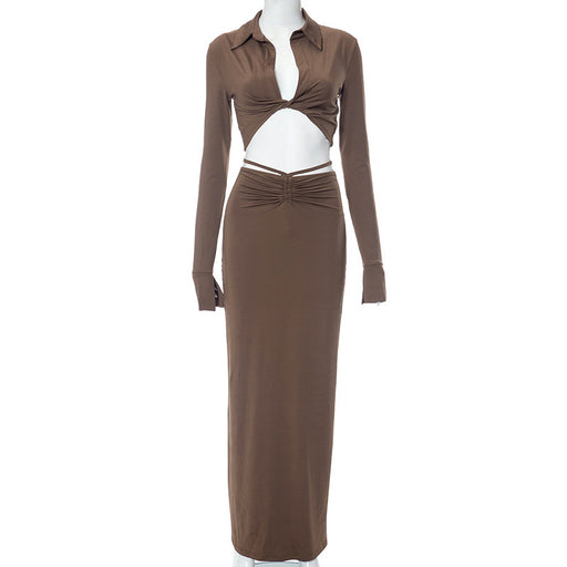 Color-Brown-Women Autumn Winter Long Sleeve Twisted Short Top High Waist Mid Length Skirt Set-Fancey Boutique