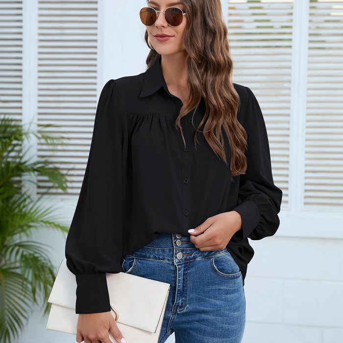 Color-Black-Women Clothing Spring Autumn Chiffon Shirt Women Shirt Pleated Long Sleeved Top Women-Fancey Boutique