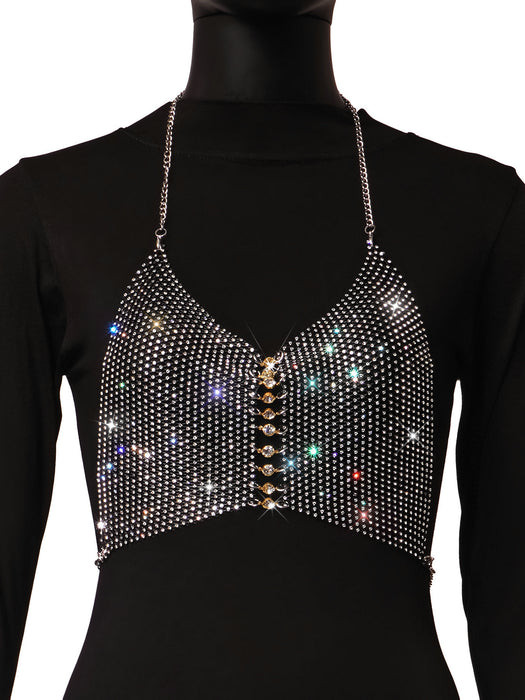 Color-Black Gold Diamand-Summer Inner Wear Slim Backless Fishnet Rhinestone Tassel Suspender Vest-Fancey Boutique