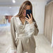 Women Clothing Casual Lazy Suit French Feather Long Sleeve Lace up Satin Two Piece Set-Fancey Boutique