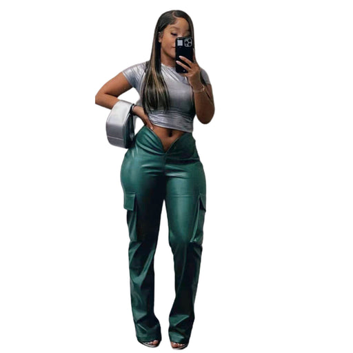 Color-blackish green-Casual Leather Pants 3D Dungarees Deep V Plunge Elastic Pants-Fancey Boutique