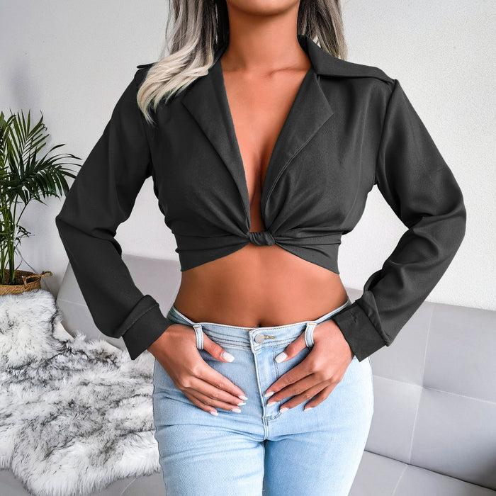 Color-Black-Suit Collar Knotted Shirt Cropped Top Women Clothing Spring Summer-Fancey Boutique