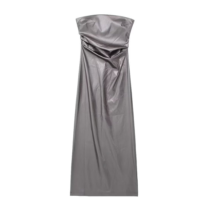 Color-Gray-Metallic Coated Fabric Fall Women Clothing Metal Tube Top Dress-Fancey Boutique