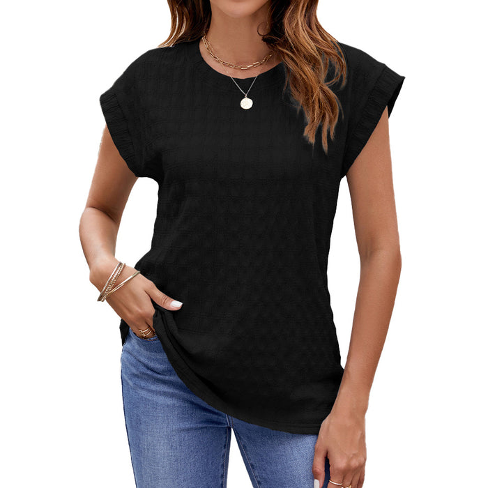 Spring Summer Solid Color Jacquard Loose Fitting round Neck Short Sleeve T shirt Top Women-Black-Fancey Boutique