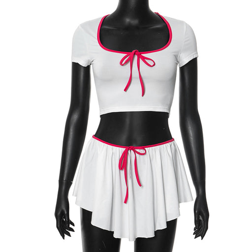 Summer Short Sleeve Square Neck T Shirt Slim Low Waist Skirt Set Women-White-Fancey Boutique