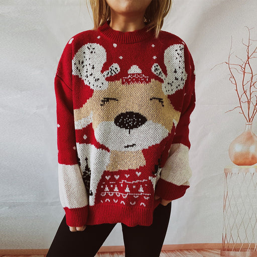 Color-Red-Autumn Winter Year Christmas Sweater Cartoon Elk Pattern round Neck Long Sleeve Knitted Pullover-Fancey Boutique
