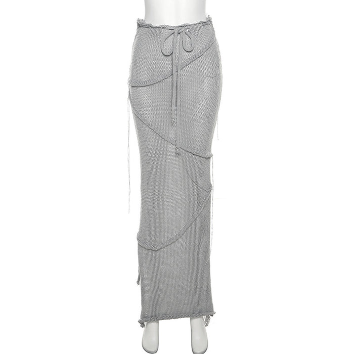 Summer Women Clothing Sexy Bandeau Backless Lace up Backless Top Tassel Temperamental Skirt Set-Gray Skirt-Fancey Boutique