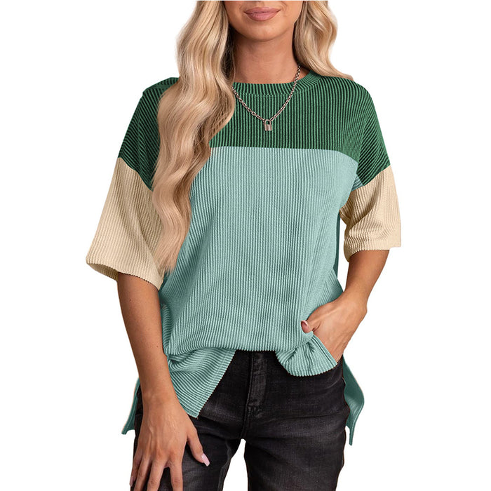 Spring Summer round Neck Wave Jacquard Color Matching Short Sleeve Loose T shirt Women-Light Lake Green-Fancey Boutique