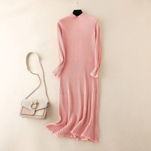Color-Pink-Women Clothing Overknee Dress Autumn Winter Women Half Turtleneck Striped Knitted Bottoming Dress Slim Fit-Fancey Boutique