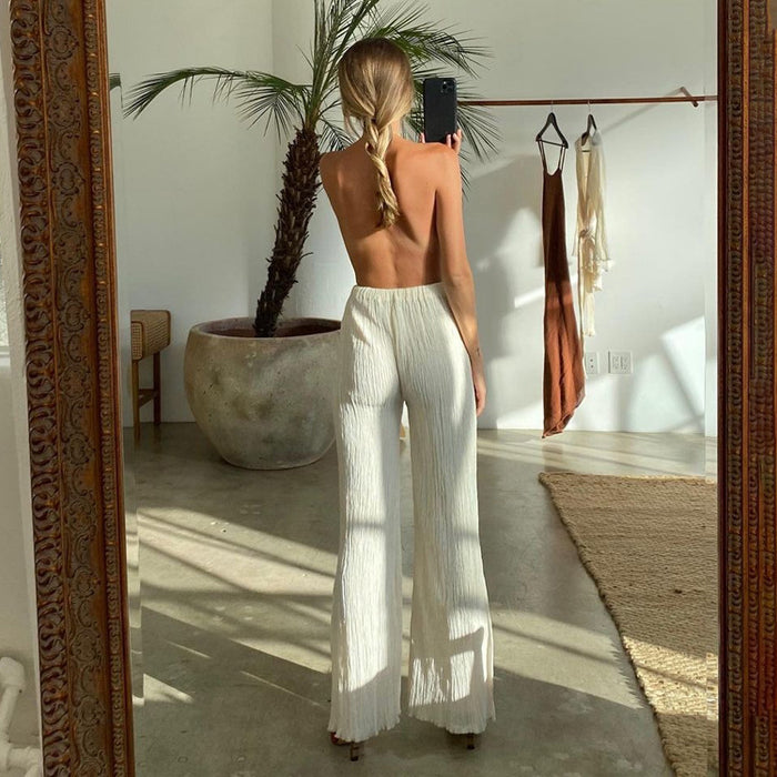 New Sexy Backless Spaghetti Straps Vest Beige Pleated Slim Fit Slit Blouse Pants-Fancey Boutique