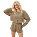 Long Sleeve Pullover Shirt Office Casual Comfortable Two-Piece Set Slimming Black Wide Leg Shorts Suit-Khaki-Fancey Boutique