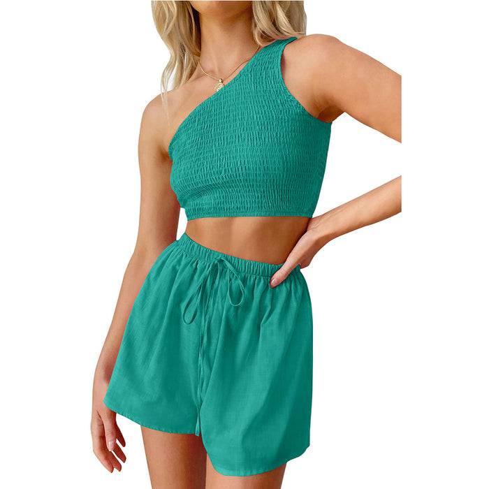 Color-Green-Women One Shoulder Pleated Cropped Top Shorts Beach Two Piece Suit-Fancey Boutique