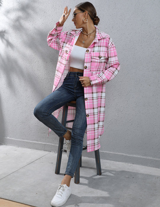 Color-Pink-Women Clothing Autumn Winter Plaid Single-Breasted Long Trench Coat-Fancey Boutique