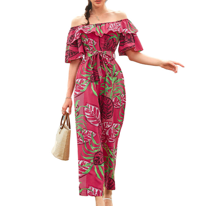 Color-Red-Women Clothing Fashion off-Shoulder Floral Jumpsuit Summer Short Sleeve Chiffon Vacation Beach Jumpsuit-Fancey Boutique