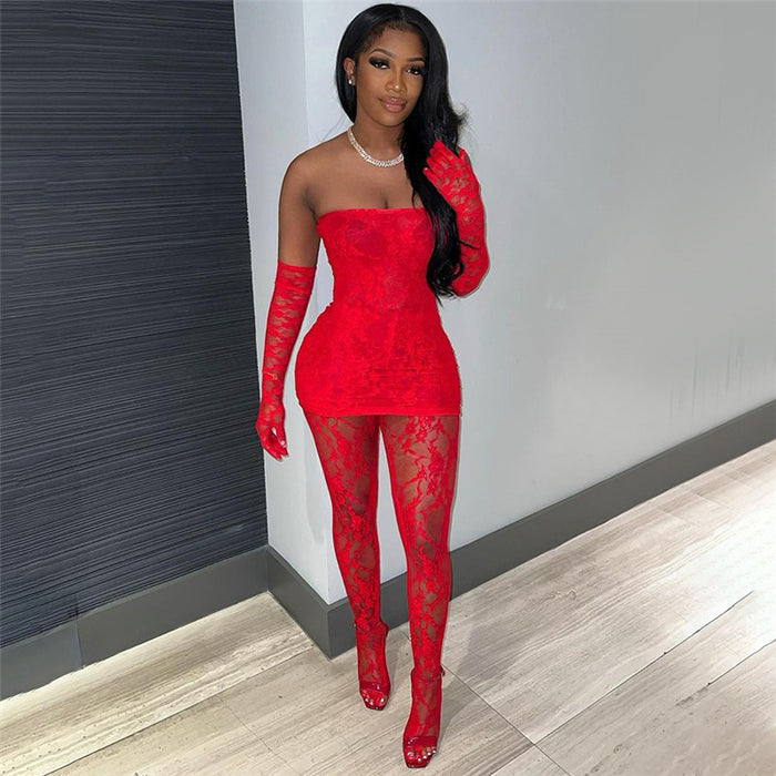 Color-Red-Fall Women Clothing Sexy Lace Tube Top High Waist Tight Body Stocking Trousers Suit Women-Fancey Boutique