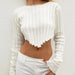 Women Clothing Autumn Solid Color Rib Fabric Long Sleeve Knitted Short Cropped Women Sweater Hanky Hem-White-Fancey Boutique