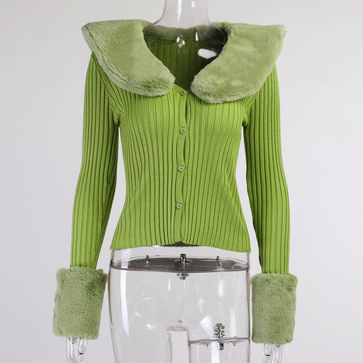 Color-Green-Sexy Fur Collar Knitted Coat Top Women Spring Long Sleeve Top-Fancey Boutique