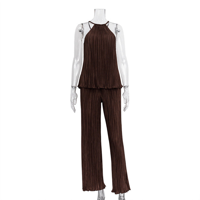 Color-Brown-Summer Women Clothing Casual Laid-Back Slimming Pleated Suspender Vest Loose Wide Leg Pants Suit-Fancey Boutique