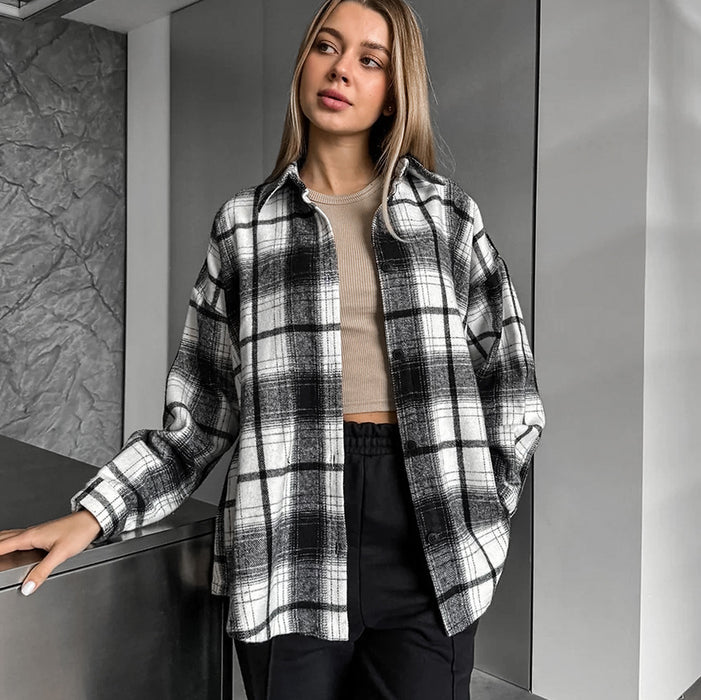 Retro Classic Loose Black White Plaid Shirt Casual Popular Long Sleeve Shirt Women-Fancey Boutique