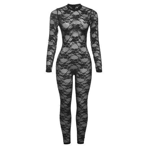 Color-Black-Women Clothing Spring Summer Street Sexy See through round Neck Long Sleeve Lace Tight One Piece Trousers-Fancey Boutique