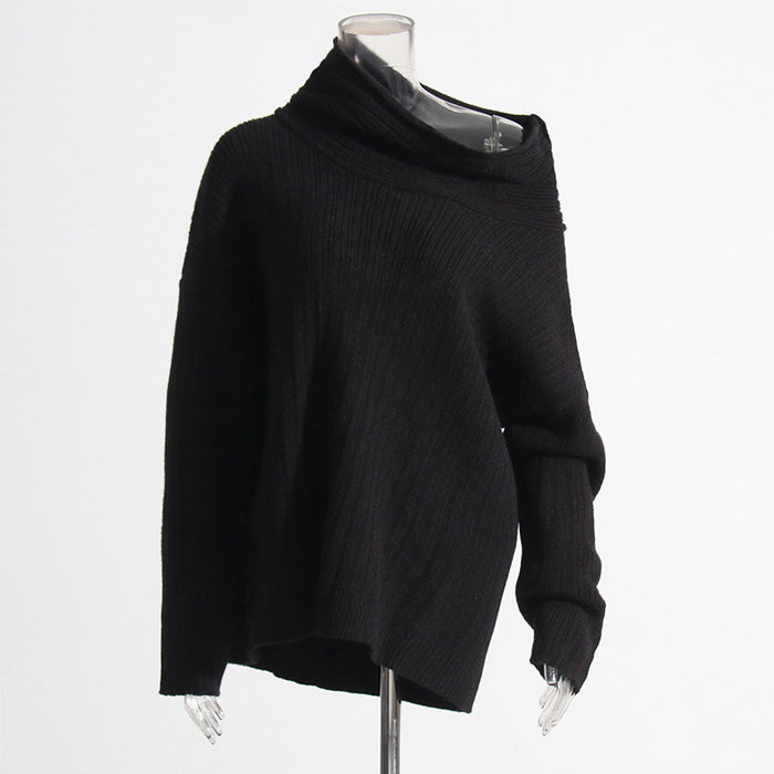 Color-Black-Korean Idle Autumn Simple Special Interest Design Diagonal Collar Loose All Matching Solid Color Sweater Women Clothing-Fancey Boutique