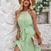 Color-Green-Summer Vacation Women Clothing Summer Solid Color Casual Halter Sleeveless Tie Waist Dress-Fancey Boutique