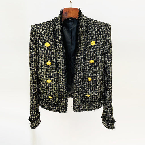 Color-Black-Gold Plaid Tweed Fringe Cardigan Coat-Fancey Boutique