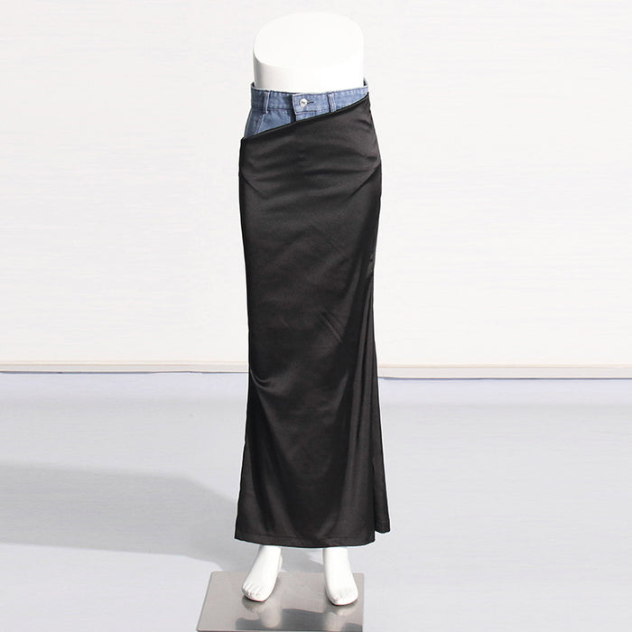 Autumn Trendy High Waist Denim Stitching Long Slit Swing Sheath Skirt-Black-Fancey Boutique