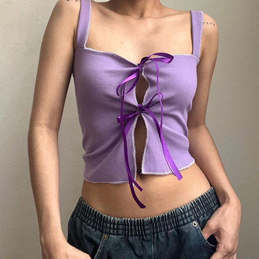 Color-Pure Purple Charming White Square Collar Hollow Out Cutout Double Shoulder Strap Vest Summer Sexy Slimming Inner Top-Fancey Boutique