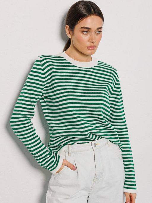 Striped Sweater Autumn Trendy Thread Contrast Color round Neck Knitted Striped Sweater-Green-Fancey Boutique