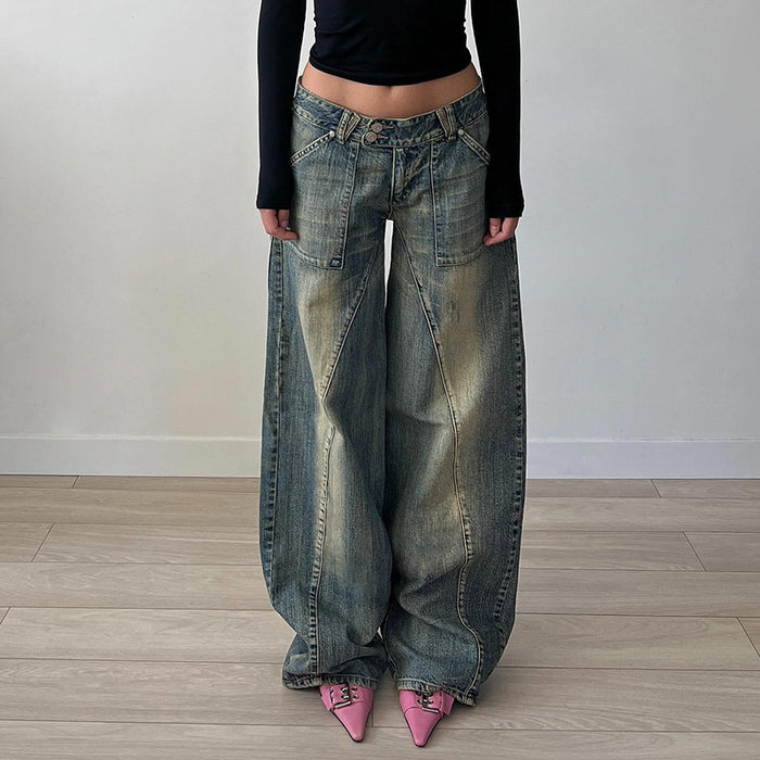 Retro Distressed Irregular Asymmetric Split Pocket Jeans Low Waist Sexy Loose Casual All Matching Wide Leg Pants-Fancey Boutique