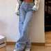 Workwear Jeans Spring Summer Light Blue Pocket High Waist Loose Wide Legs Trousers Jeans-Fancey Boutique