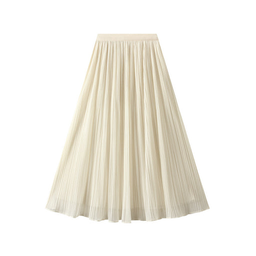 Color-Apricot-Women Two Sided Skirt Spring Korean High Waist Slimming Mid Length Mesh Pleated Skirt 3-Fancey Boutique