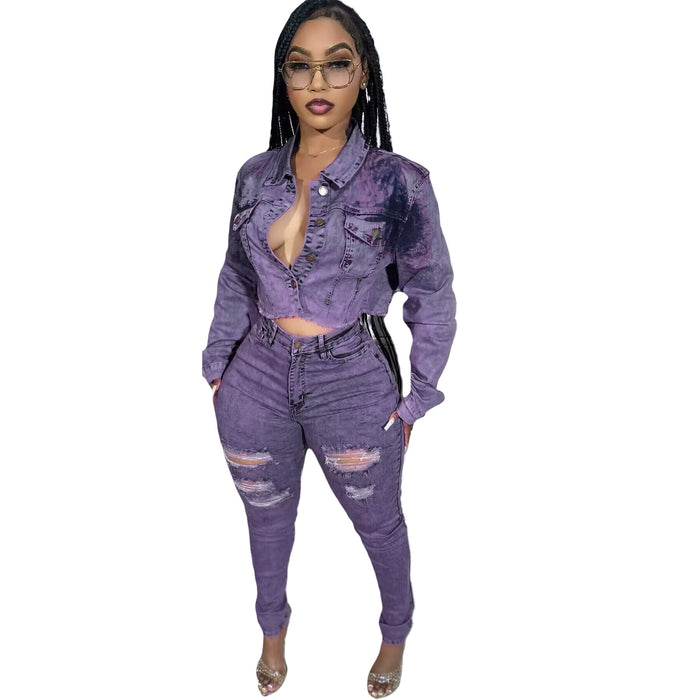 Color-Lavender-Women Spring Denim Stretch Denim Set-Fancey Boutique