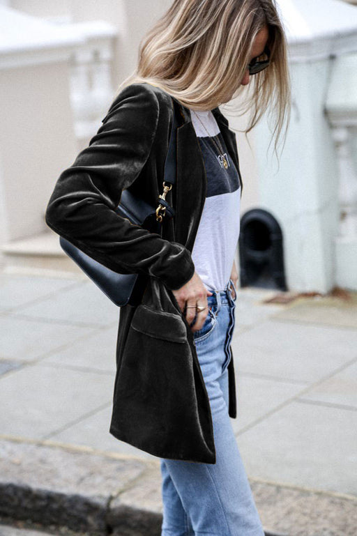 Color-Black-Gold Velvet Blazer Solid Color Casual Blazer Mid-Length Coat for Women Outerwear-Fancey Boutique