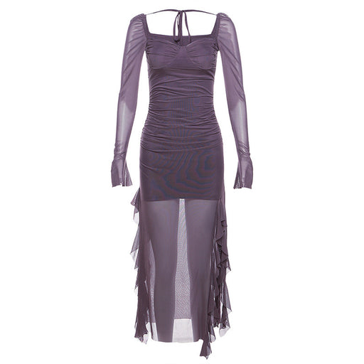 Color-Purple-Autumn Winter Women Mesh Ruffled Niche Design Long Sleeve Square Collar Dress-Fancey Boutique