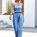 Color-Blue-Spring Summer Solid Color Casual Hem Slit V neck Lace up Jumpsuit Trousers-Fancey Boutique