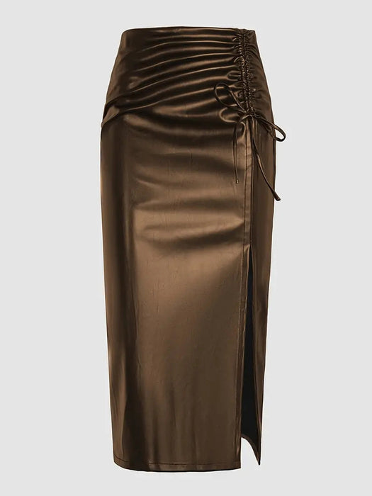 Leather Skirt Office Lady Sheath Skirt Repair Sexy Slit Leather Skirt Skirt-Coffee-Fancey Boutique