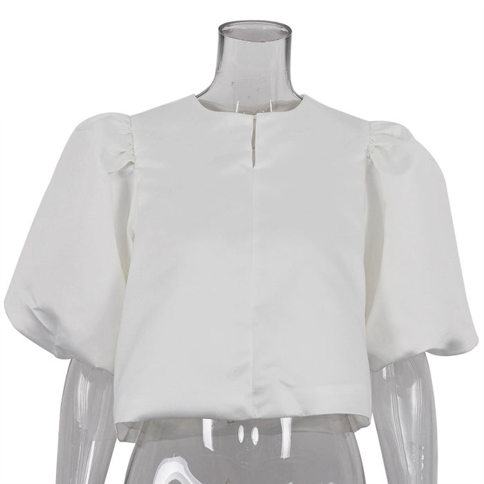 Spring Summer Satin Puff Sleeve Short Top Loose White Shirt-Ivory-Fancey Boutique