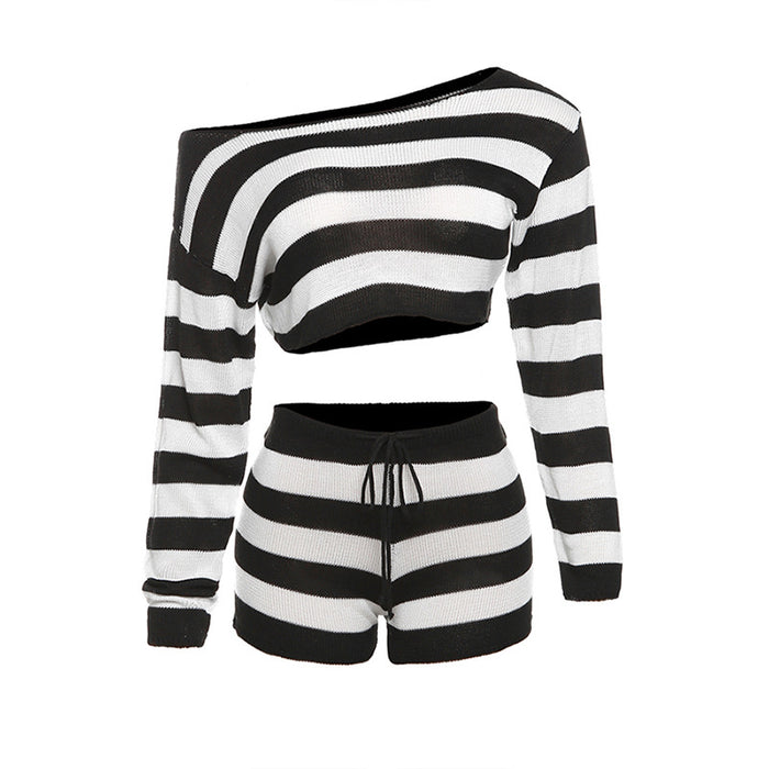 Color-Black-Women Clothing Autumn Striped Contrast Color off Shoulder Length Slim Fit Cropped Woolen Shorts Set-Fancey Boutique