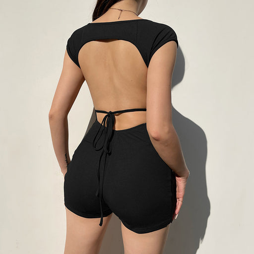Sports Women Clothing Solid Color Hollow Out Cutout Backless Lace up Jumpsuit Sexy Sheath One Piece Top Shorts Outer Wear-Fancey Boutique