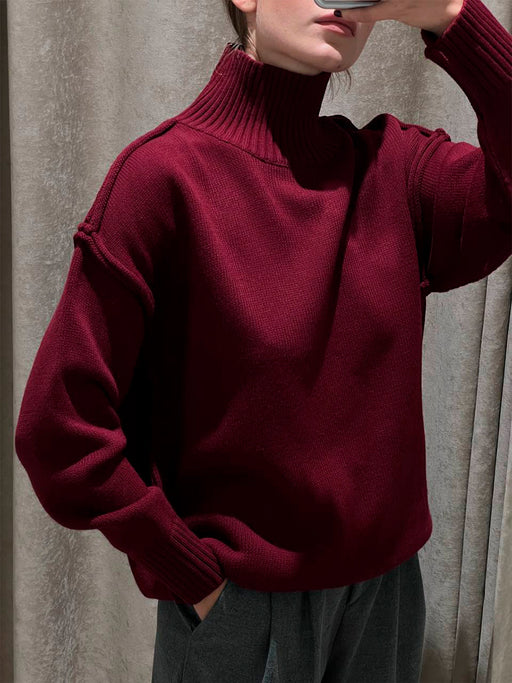 Patchwork Turtleneck Sweater Women Autumn Winter Casual Loose Idle Thickened Sweaters Pullover-Burgundy-Fancey Boutique