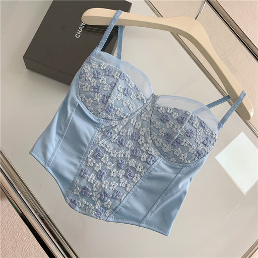 Color-Blue-Sexy Lace Boning Corset Camisole Women Summer Outer Wear Short Sexy Top Underwear Padded Tube Top-Fancey Boutique